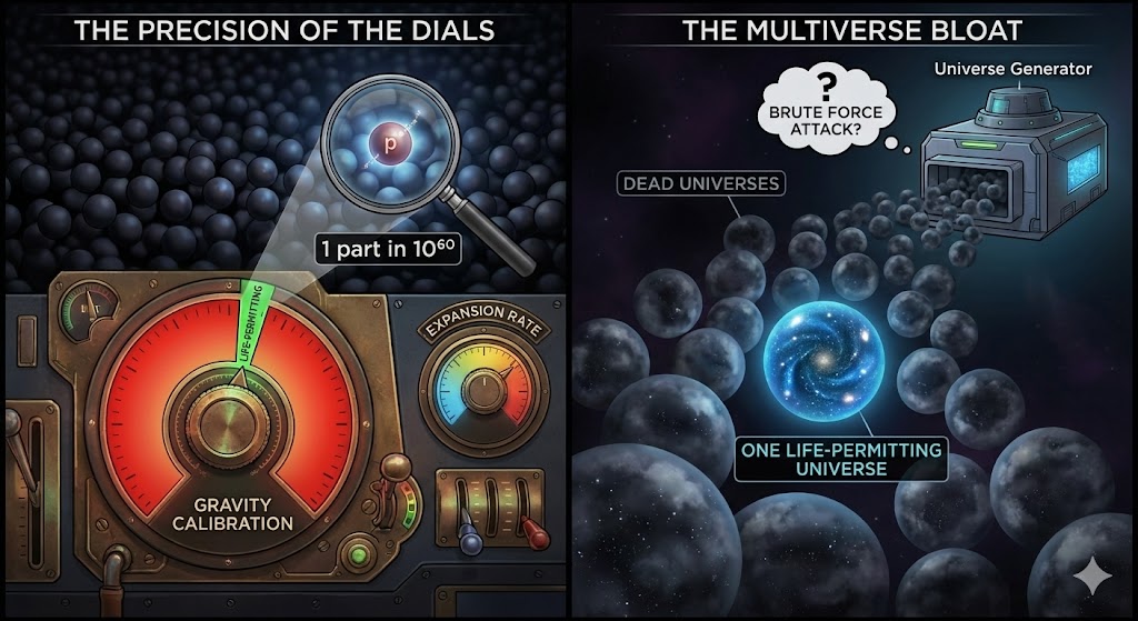 Conceptual visual: A cosmic soundboard with dozens of dials, each labelled with a physical constant (gravity, expansion rate, etc.), all precisely tuned; the faint outline of a hand adjusting a dial suggests intentional calibration
